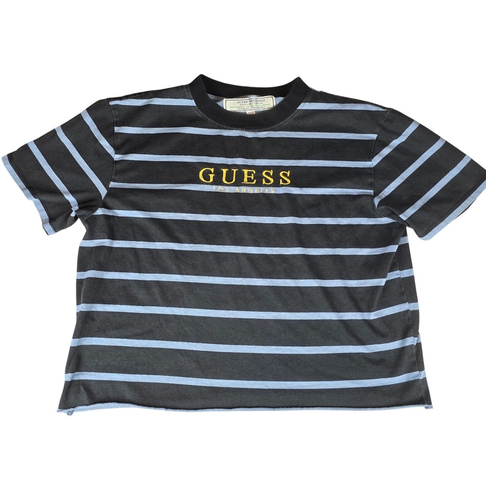 Guess Originals Striped Crop Top T-Shirt Black Blue Yellow‎ Script Small